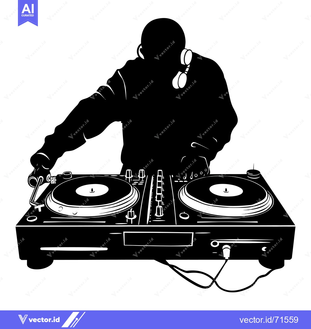 Premium Vector dari Silhouette of a DJ with Headphones and Turntables