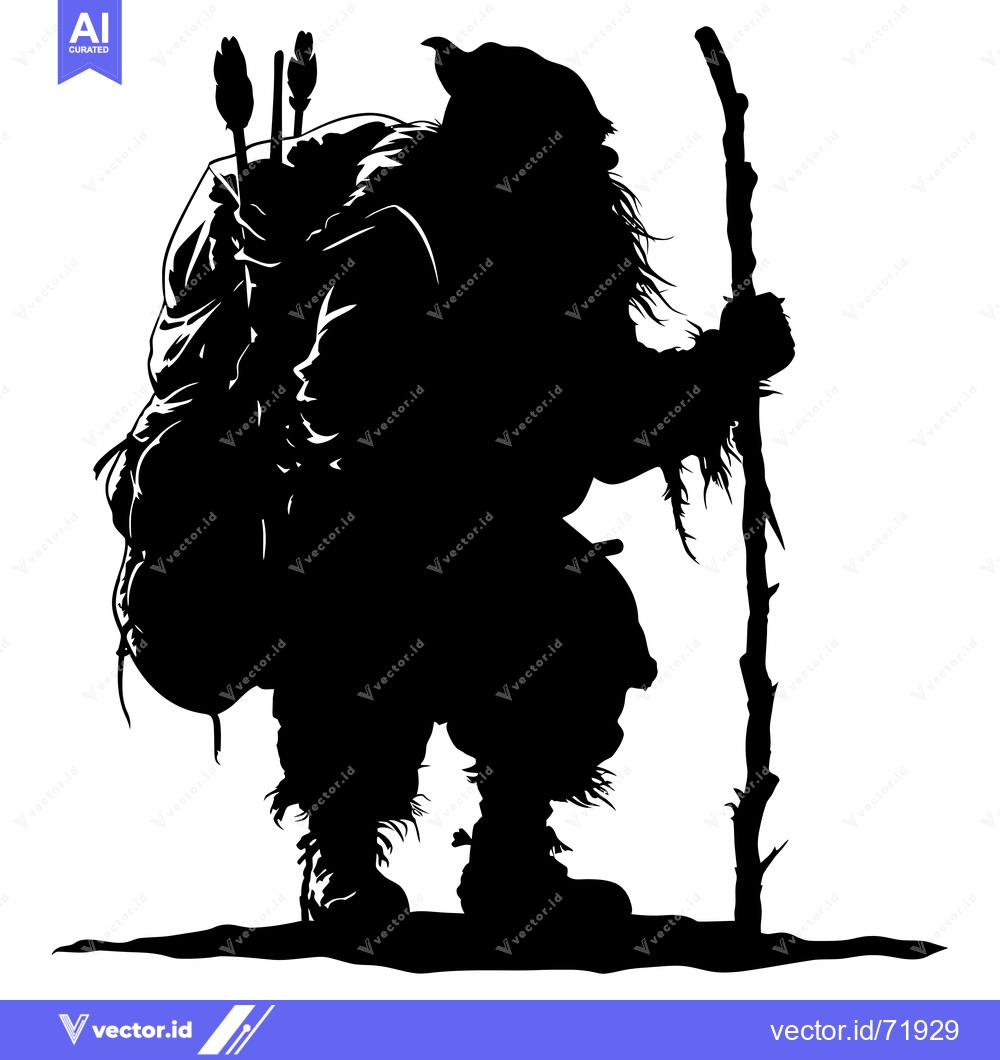 Premium Vector of Silhouette of a Furry, Hooded Figure Holding a Staff and a Backpack wi