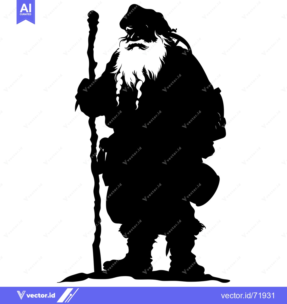 Premium Vector of Silhouette of a bearded man in a hooded cloak, holding a staff