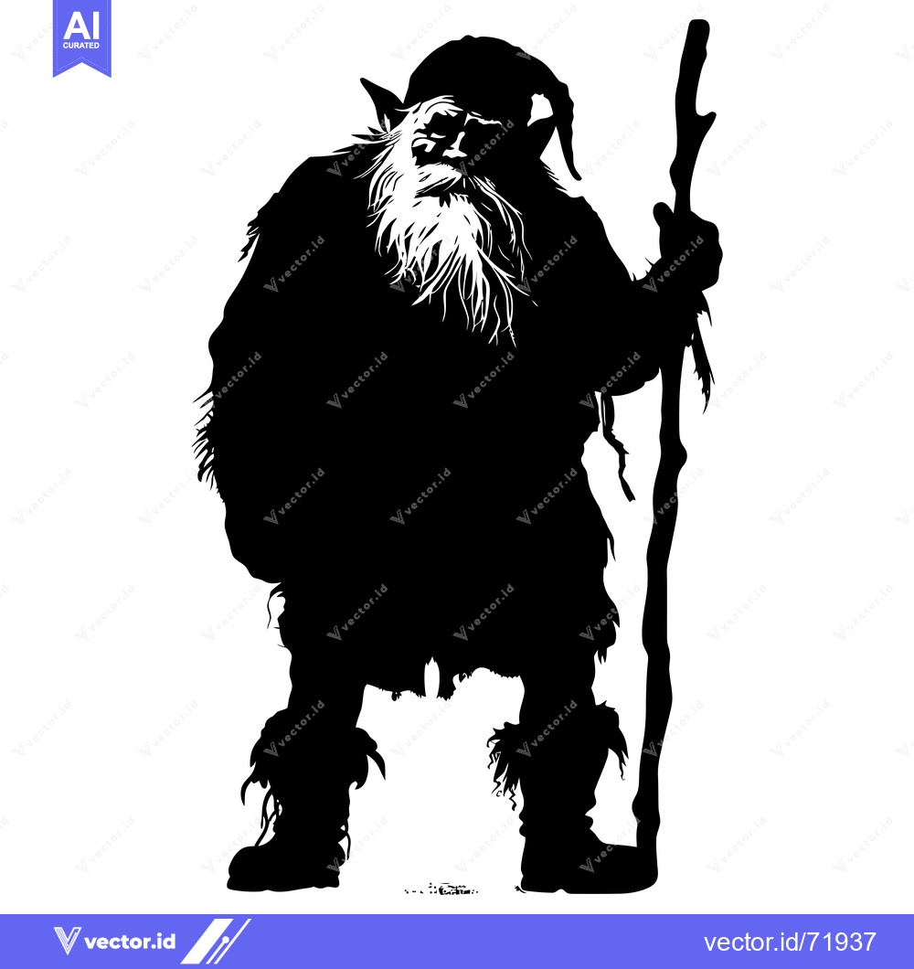 Premium Vector dari Silhouette of a Bearded, Pointed-Eared Figure with a Staff