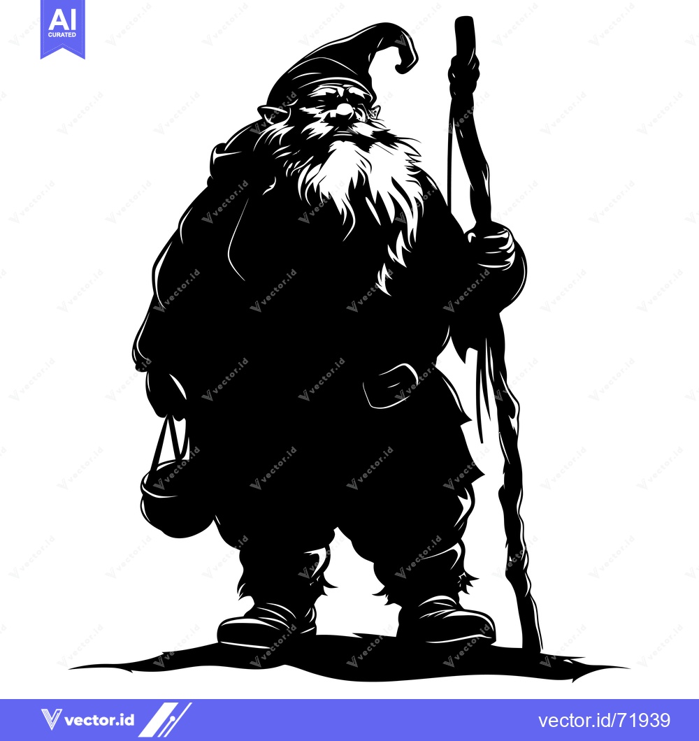 Premium Vector dari Silhouette of a Bearded Dwarf Holding a Staff and a Bag