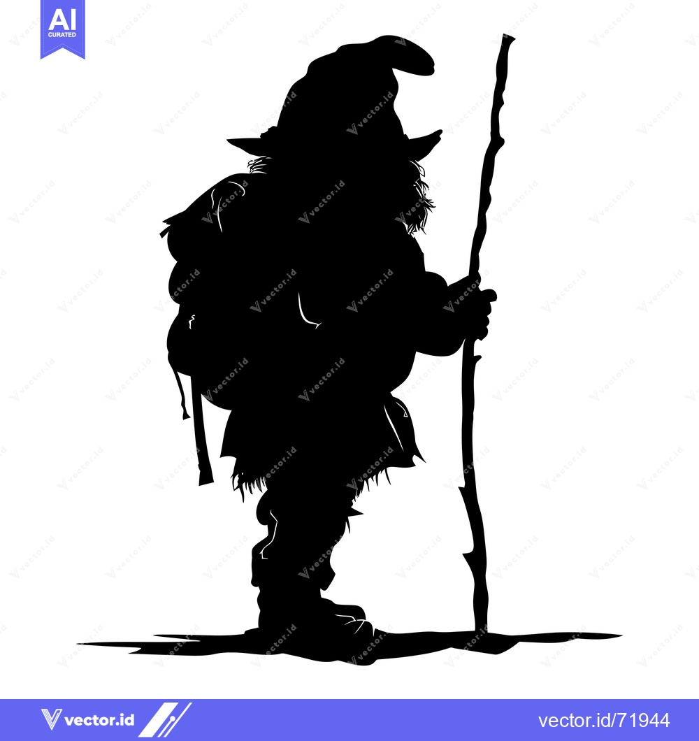 Premium Vector of Silhouette of a Dwarf with a Backpack and Staff