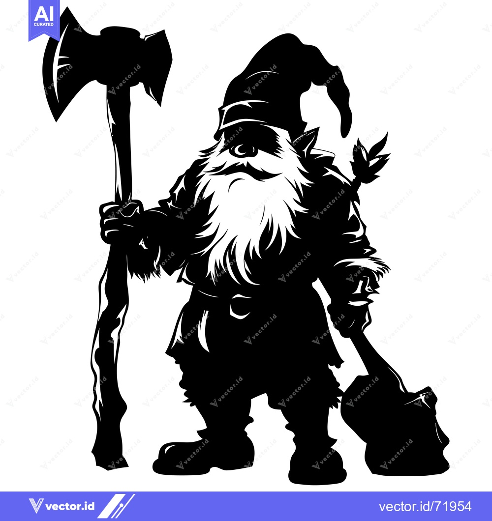 Premium Vector dari A Silhouetted Gnome Holding an Axe and a Shovel