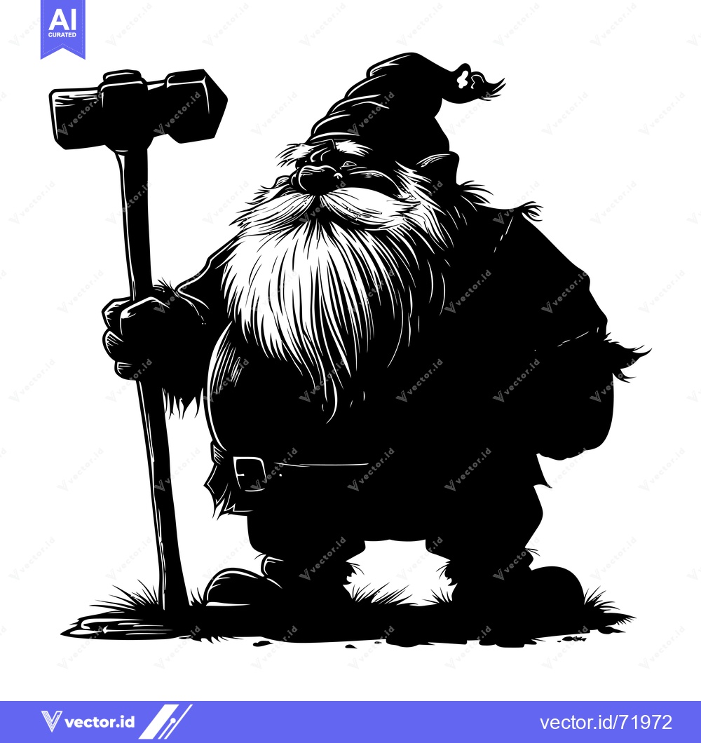 Premium Vector of Black and White Silhouette of a Gnome Holding a Hammer