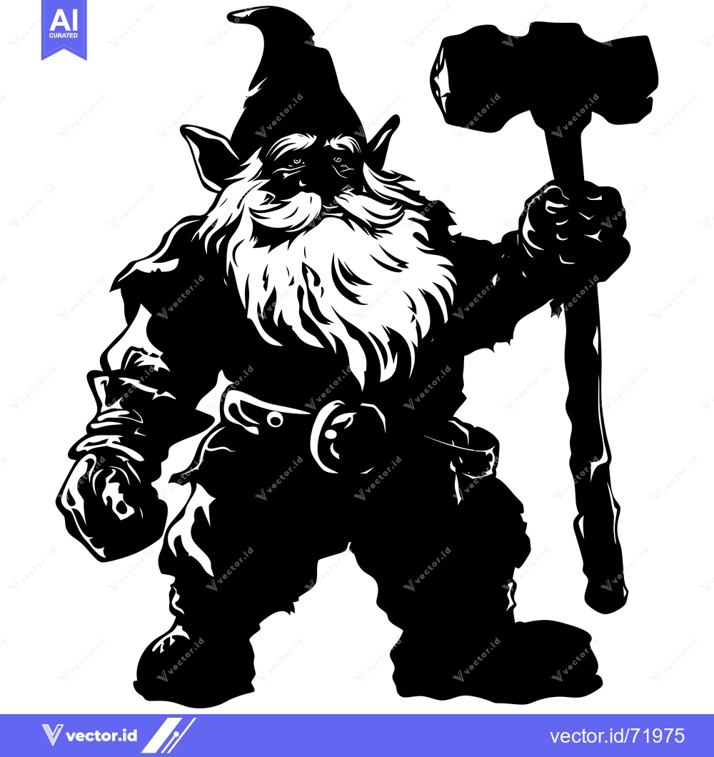 Premium Vector dari A Black and White Silhouette of a Mighty Dwarf Holding a Hammer
