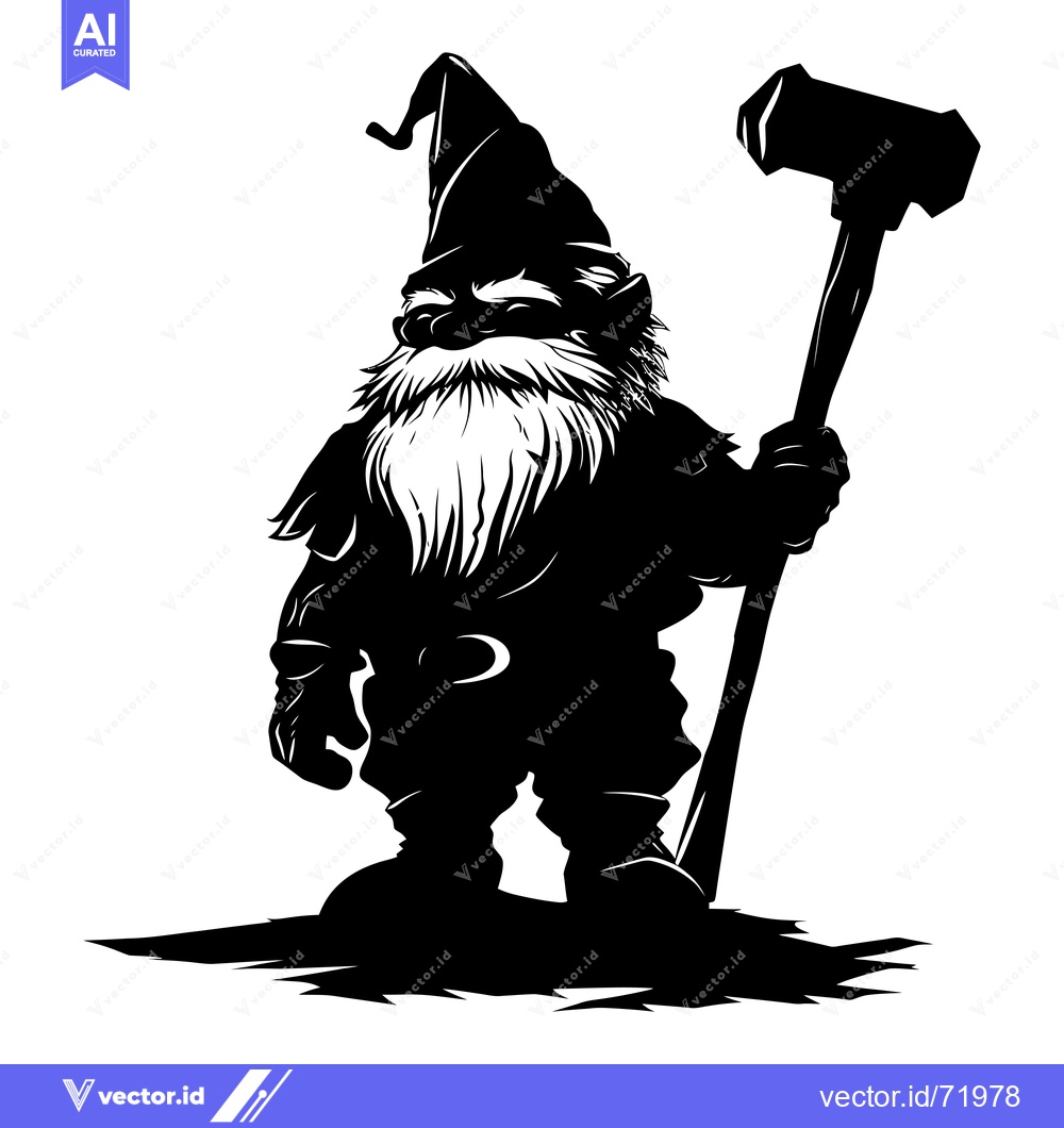 Premium Vector of A Black and White Silhouette of a Gnome Holding a Hammer