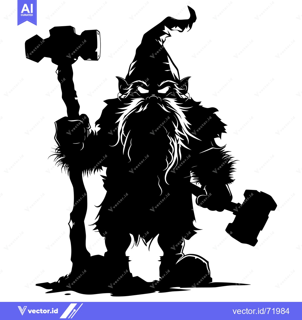 Premium Vector of A Black and White Silhouette of a Ferocious Gnome Holding Two Hammers