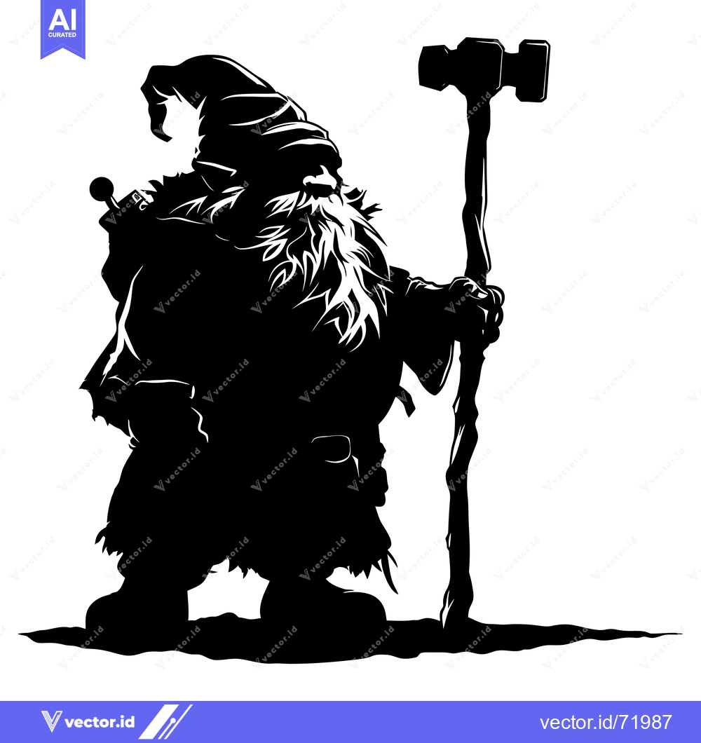 Premium Vector dari Black and White Silhouette of a Dwarf Holding a Hammer