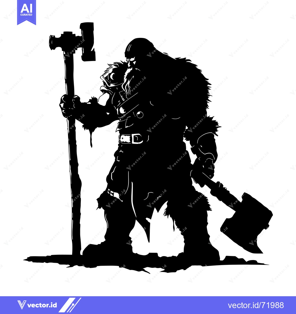 Premium Vector of Silhouette of a Bearded Warrior Holding a Large Hammer