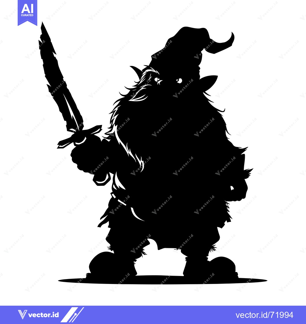 Premium Vector dari Black and White Silhouette of a Dwarf Holding a Sword
