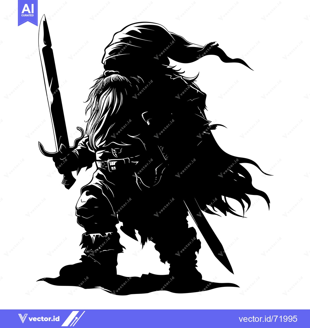 Premium Vector dari Black and White Silhouette of a Bearded Dwarf Warrior with a Sword
