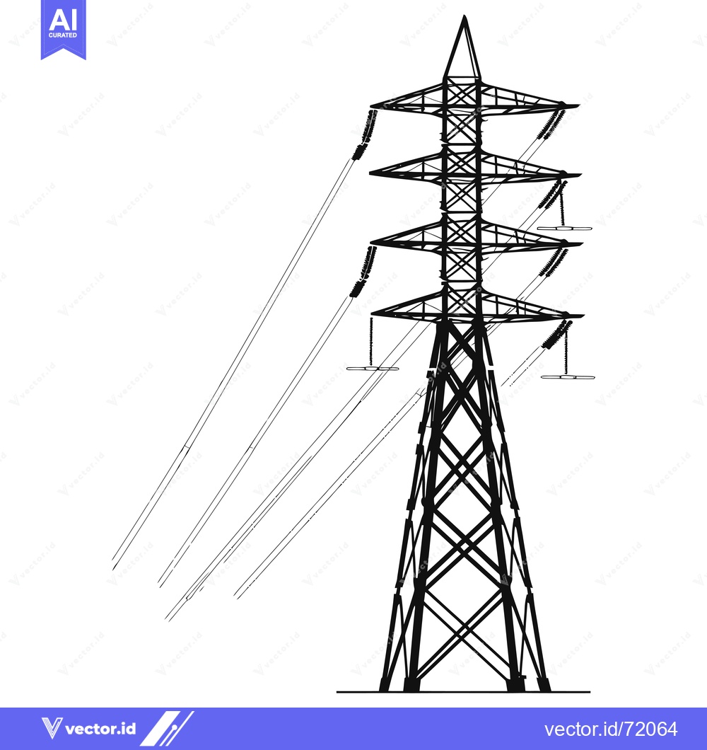 Premium Vector of Black and White Illustration of a Tall Power Tower with Cables