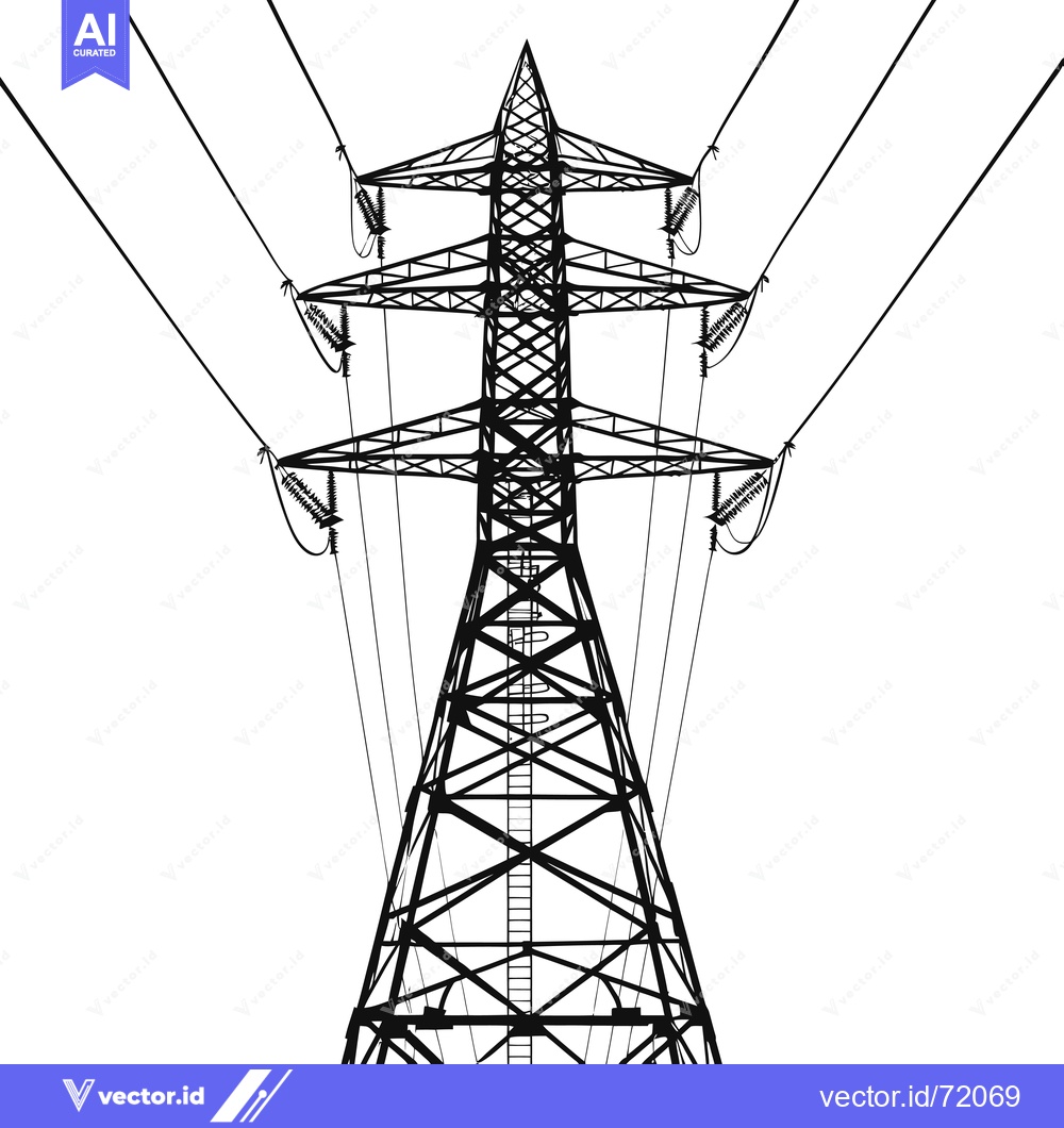 Premium Vector dari Silhouette of a Tall Power Transmission Tower with Multiple Wires