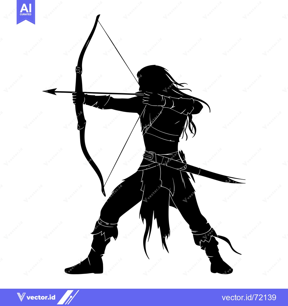 Premium Vector dari Silhouette of a Female Archer Aiming with a Bow and Arrow