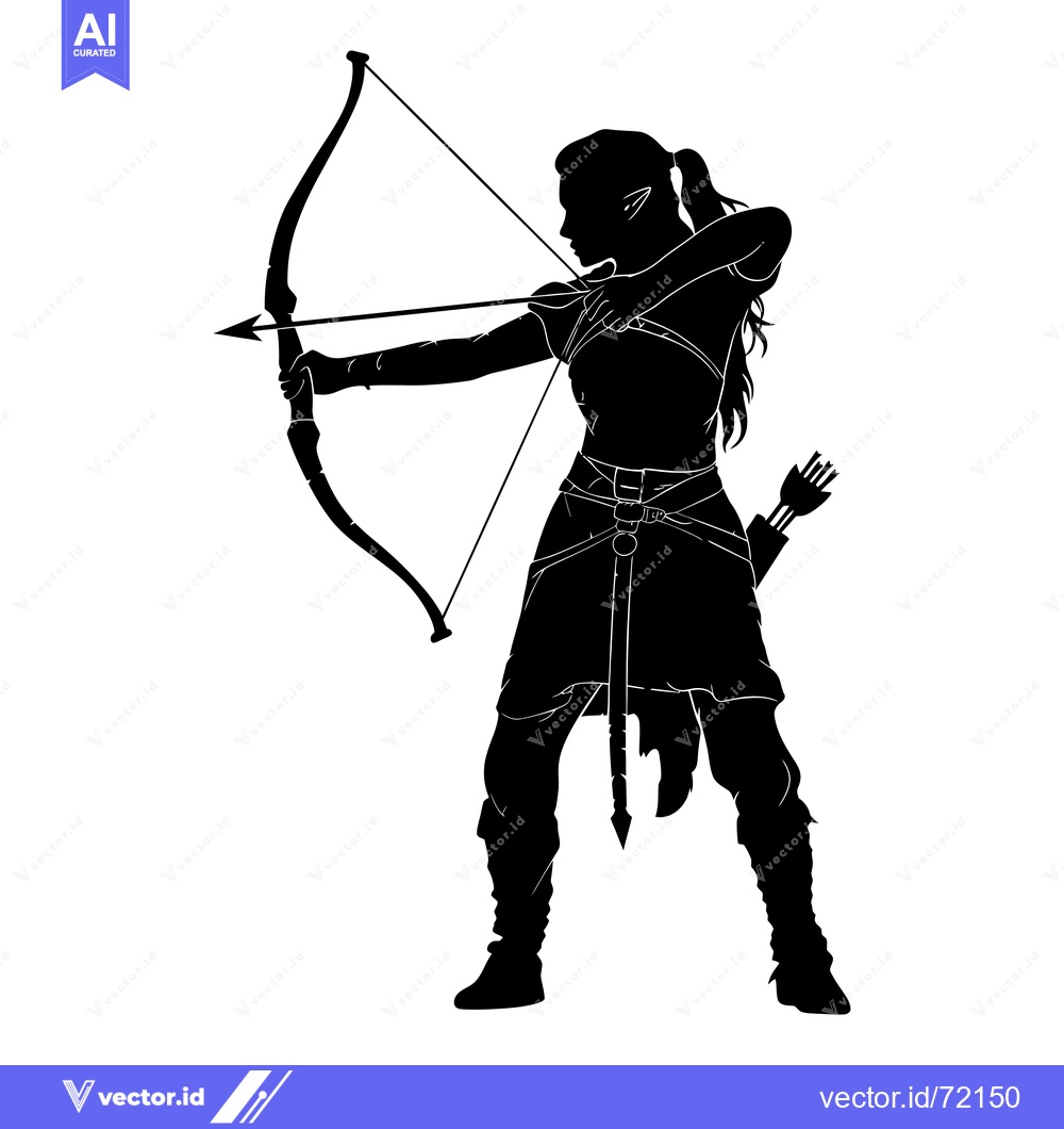 Premium Vector dari Silhouette of a Female Elf Archer Aiming a Bow and Arrow