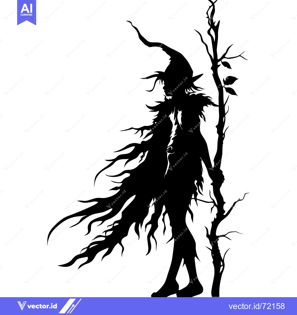 Premium Vector dari Silhouette of a Witch Holding a Branch with Leaves