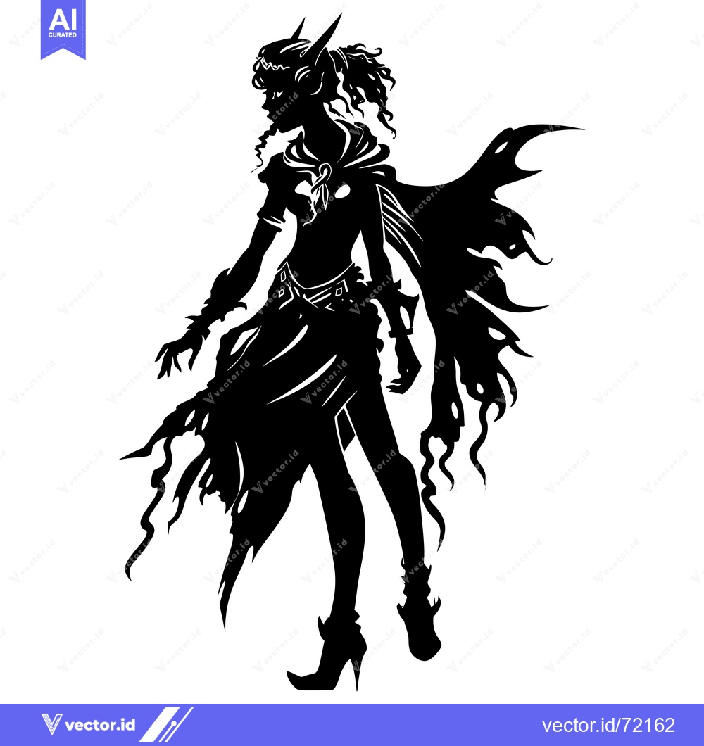 Premium Vector dari Black and White Silhouette of a Female Elf with a Ripped Cape