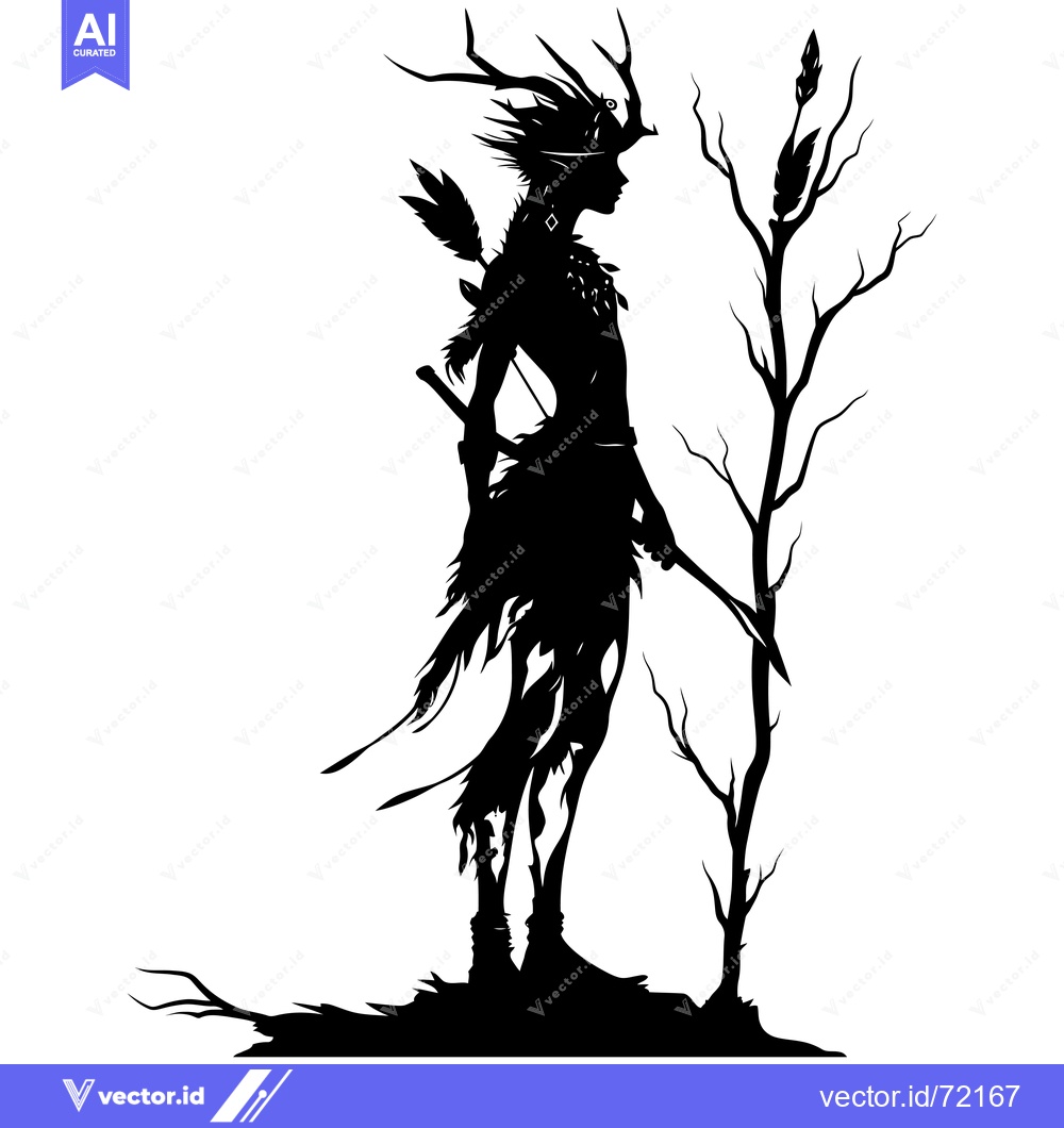 Premium Vector dari Silhouetted Figure with Antlers and Spear Standing Near a Tree