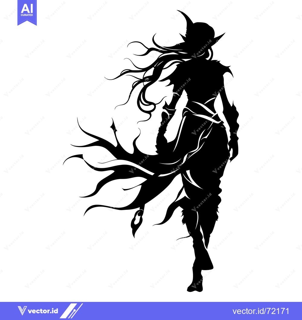 Premium Vector of Silhouette of a Female Elf Warrior with Flowing Hair and a Cloak