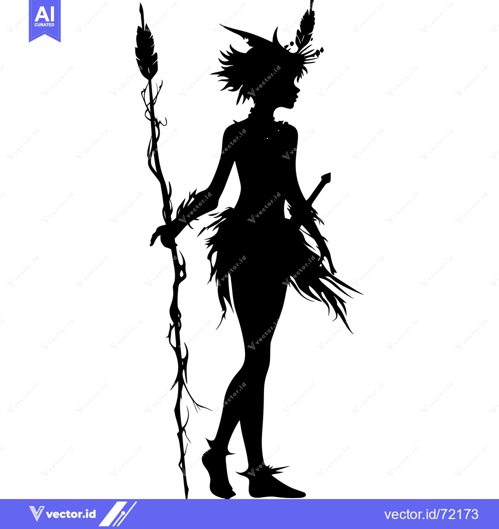 Premium Vector dari Silhouette of a Female Warrior with a Staff and Feathers in Her Hair