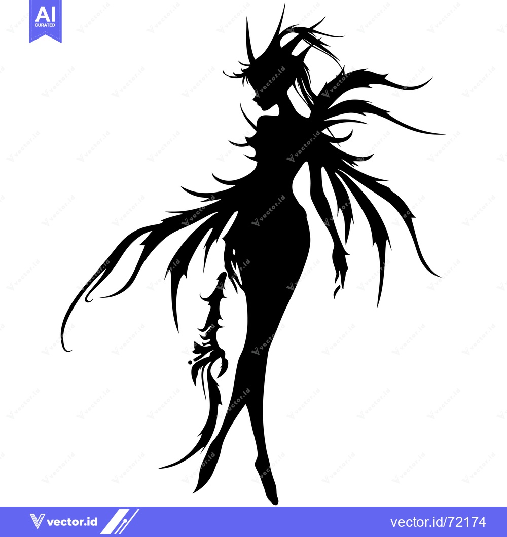 Premium Vector dari Silhouette of a Winged Female Figure with Spiked Hair and Sharp Featur