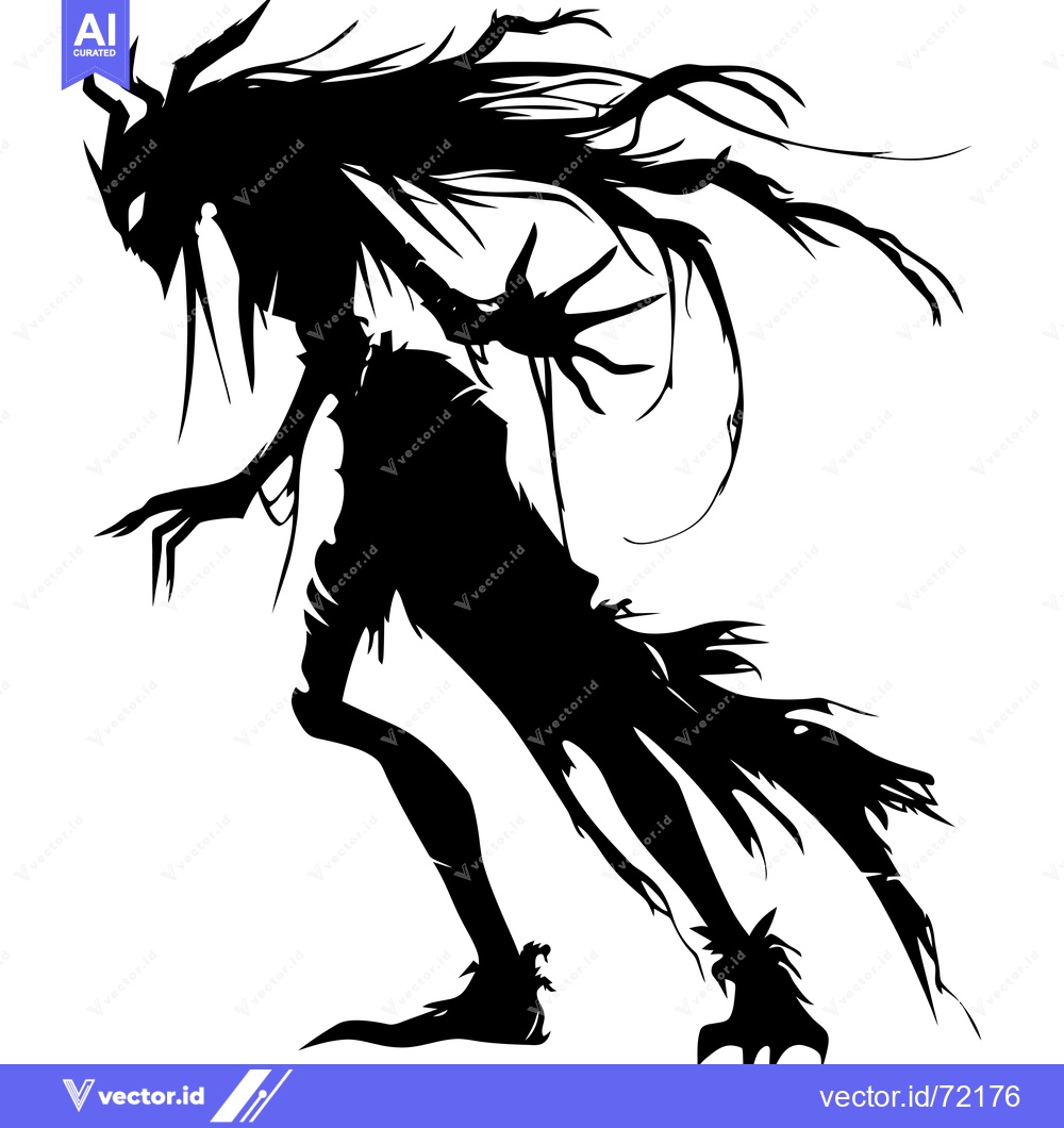 Premium Vector of Silhouette of a monstrous creature with long claws, horns, and flowing