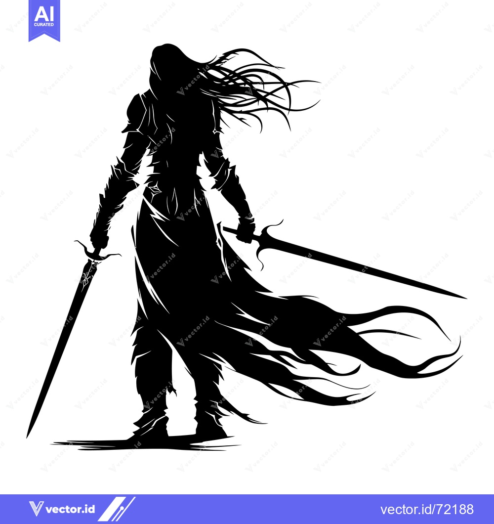 Premium Vector of Silhouette of a Warrior Holding Two Swords with Long Flowing Hair