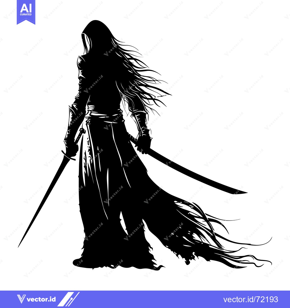 Premium Vector of Silhouette of a hooded figure holding a sword and a katana
