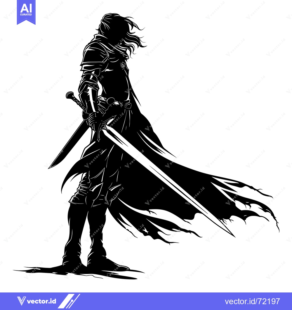 Premium Vector dari Silhouette of a Warrior Holding a Sword With a Flowing Cape