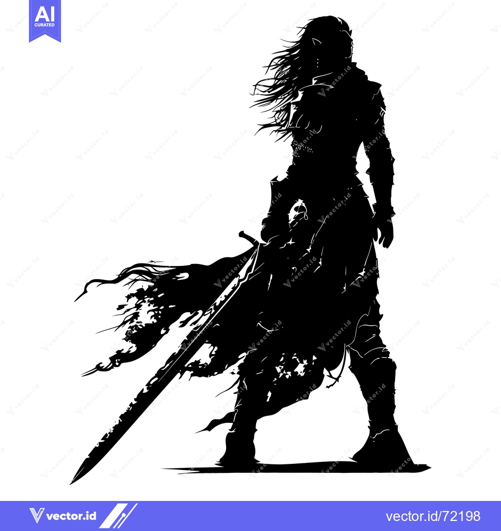 Premium Vector of Silhouette of a Female Warrior with a Sword and Flowing Cape