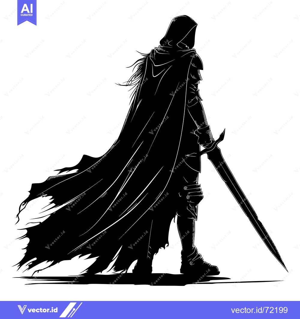 Premium Vector dari Silhouette of a Hooded Figure with a Sword and Flowing Cape