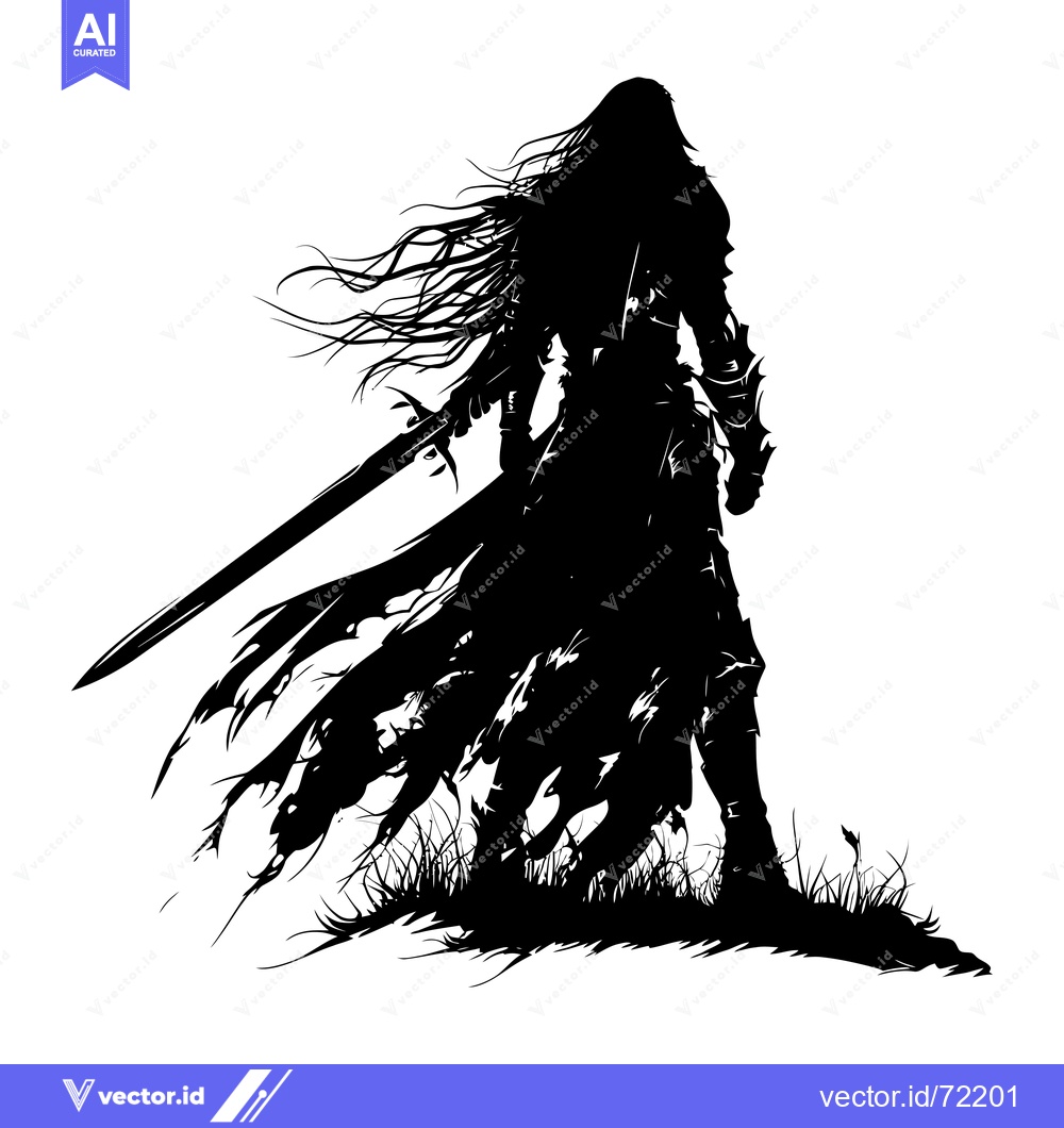 Premium Vector dari Silhouette of a Warrior Holding a Sword with Long Hair and a Cape Flow