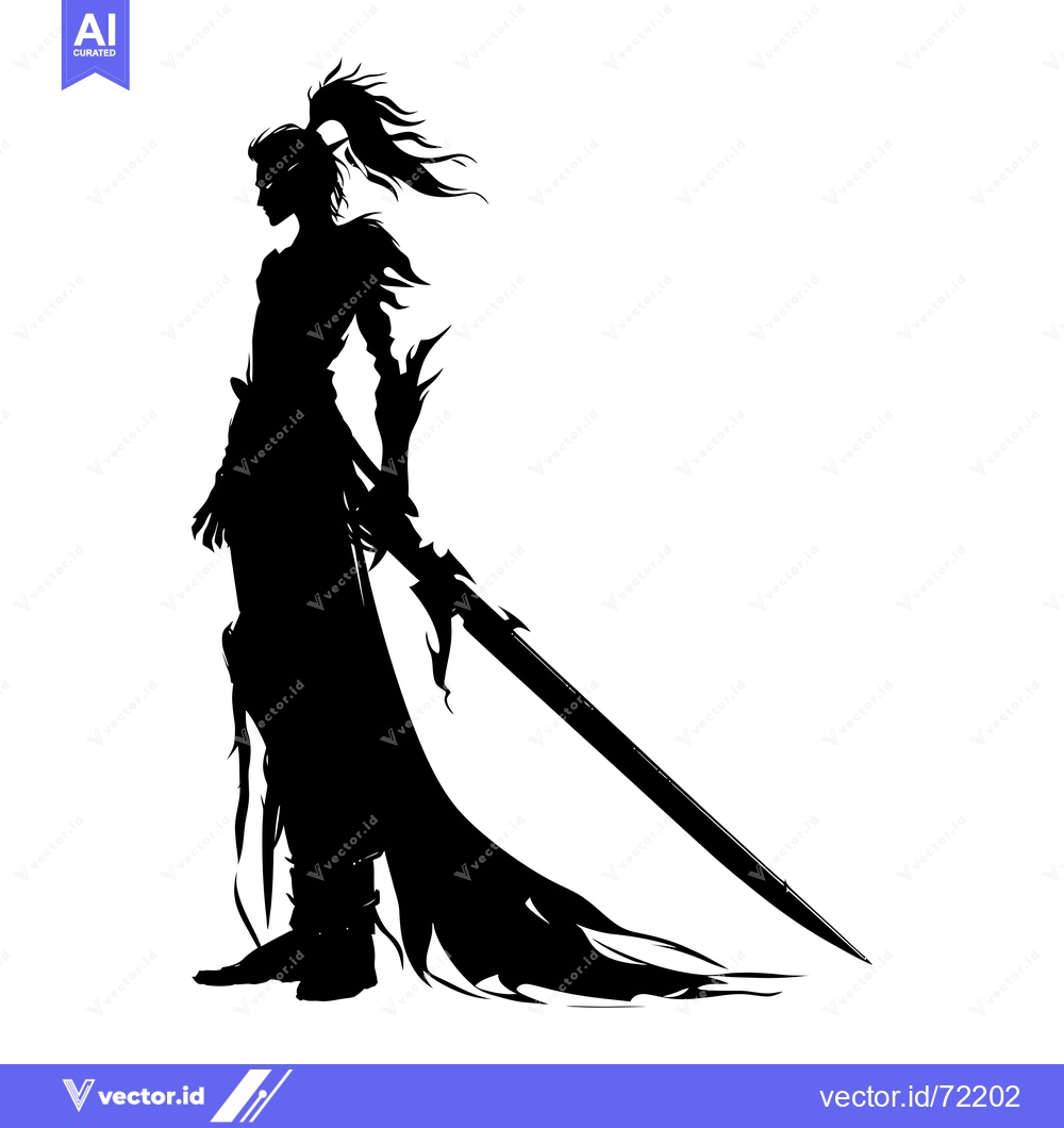 Premium Vector dari Silhouette of a Warrior Holding a Sword with Wavy Hair and a Long Robe