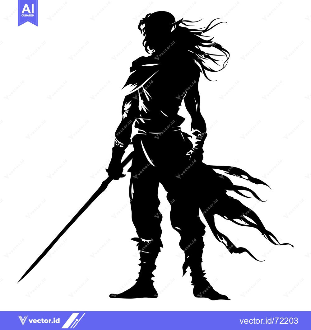 Premium Vector dari Silhouette of a Long-Haired Elf Holding a Sword