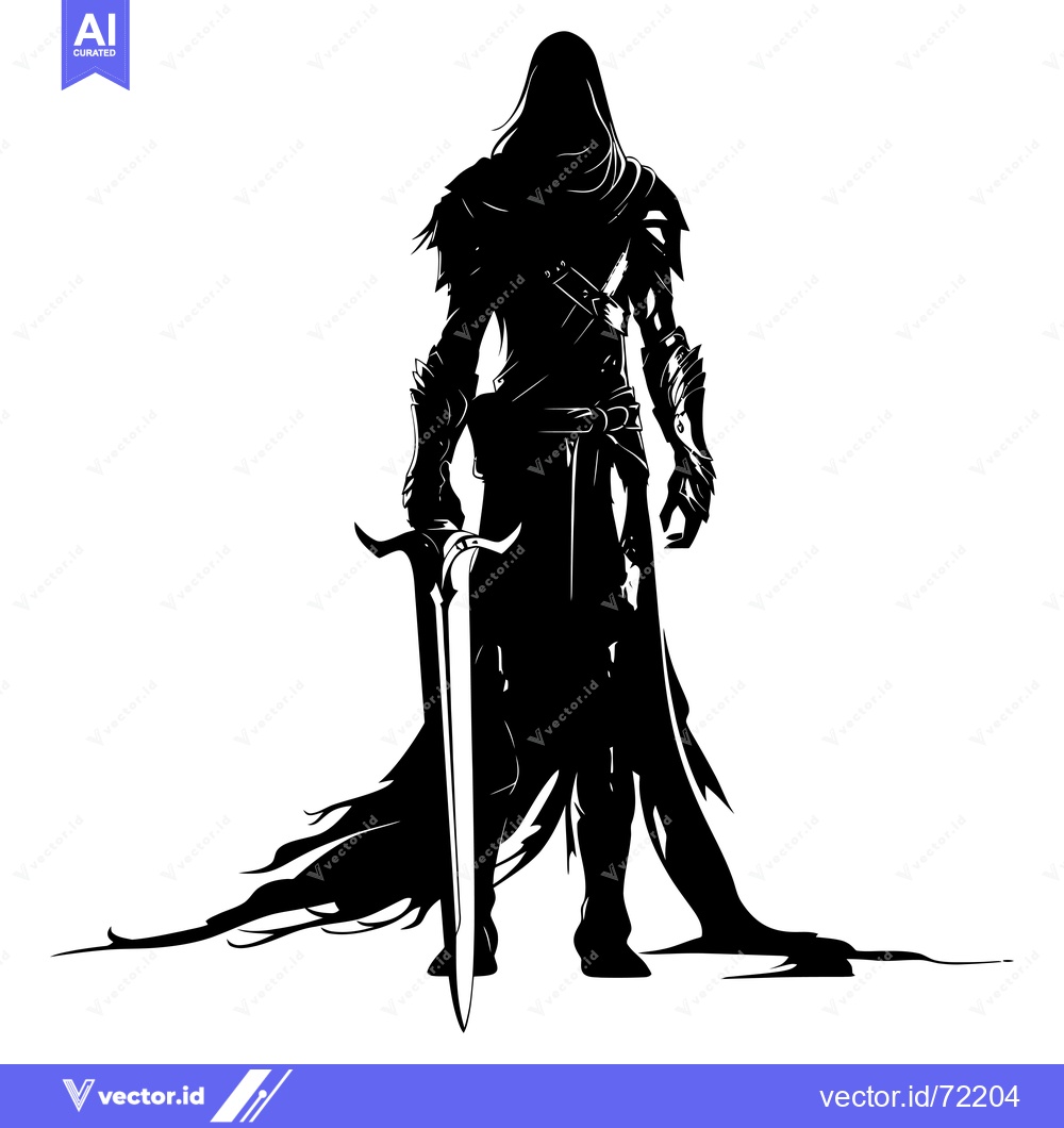 Premium Vector of Silhouette of a hooded warrior holding a sword with a cape flowing beh