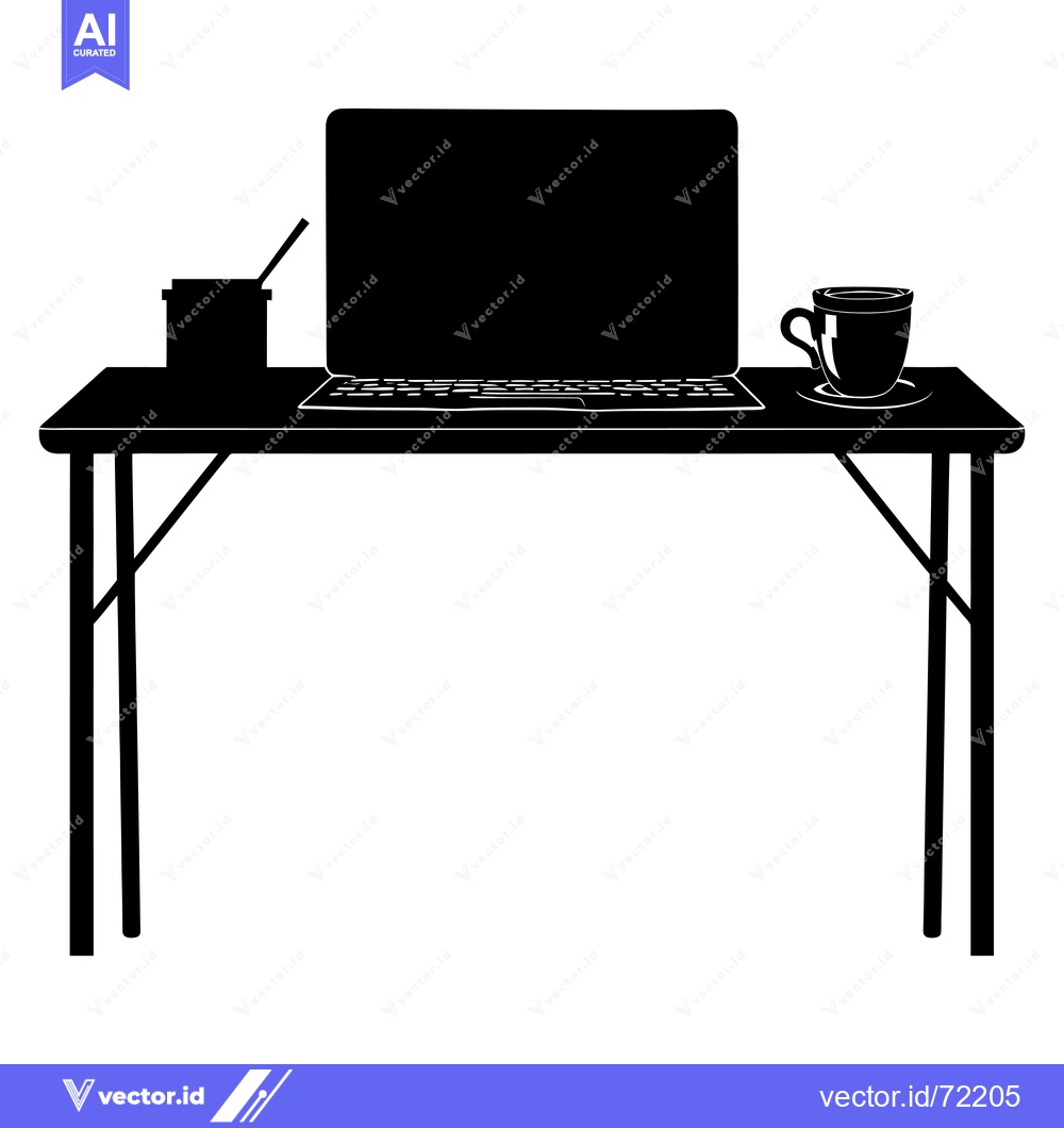 Premium Vector of Black Silhouette of a Desk with a Laptop, Cup of Coffee, and Supplies