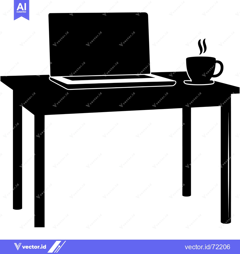 Premium Vector of Black Silhouette of a Desk with a Laptop and a Cup of Coffee