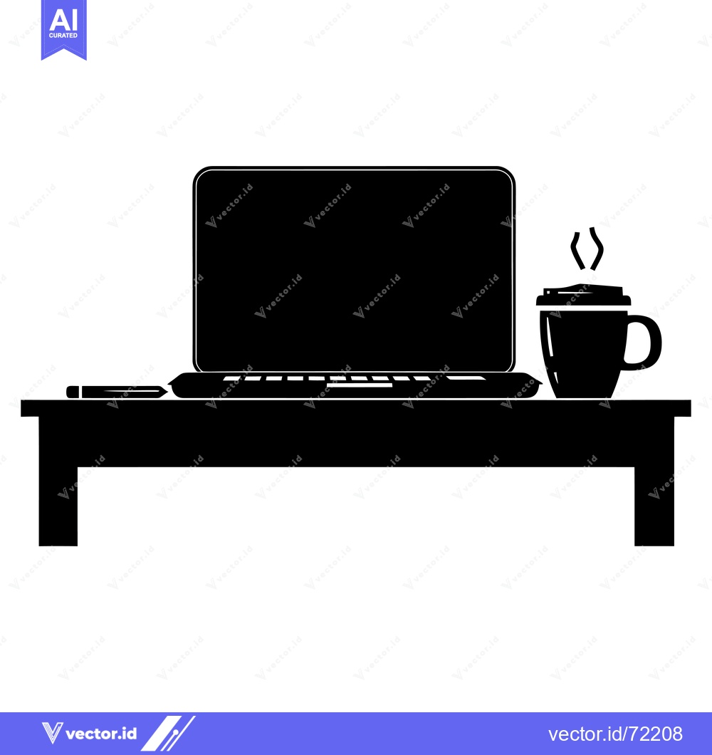 Premium Vector dari Black Silhouette of a Laptop, Mug of Coffee, and Pencil on a Desk