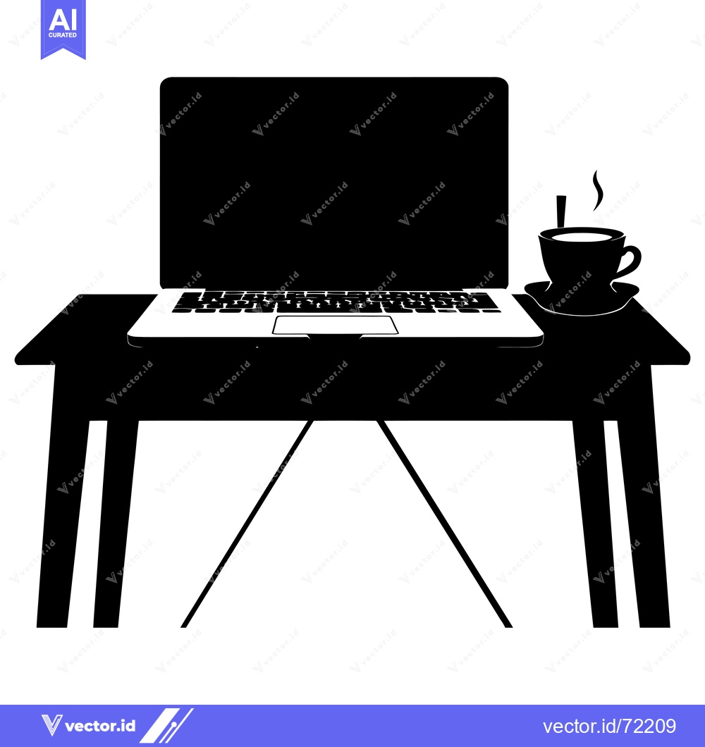 Premium Vector of Black and White Silhouette of a Laptop, Cup, and Table