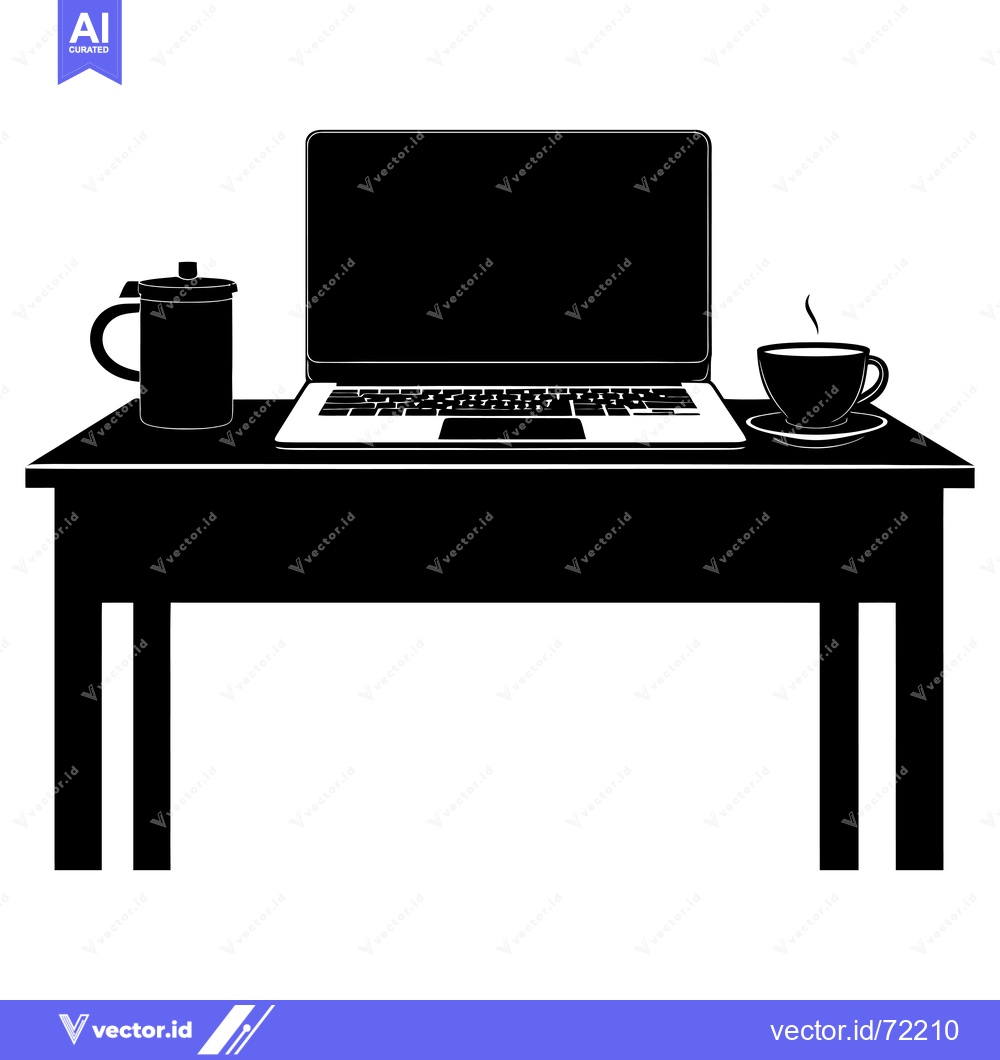 Premium Vector dari Black Silhouette of a Desk with a Laptop, Coffee, and a Water Bottle