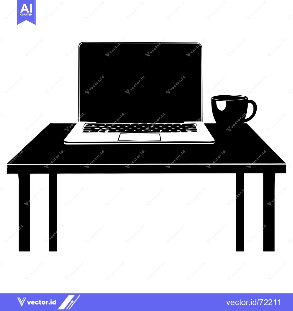 Premium Vector dari Black and White Silhouette of a Laptop on a Table with a Coffee Mug