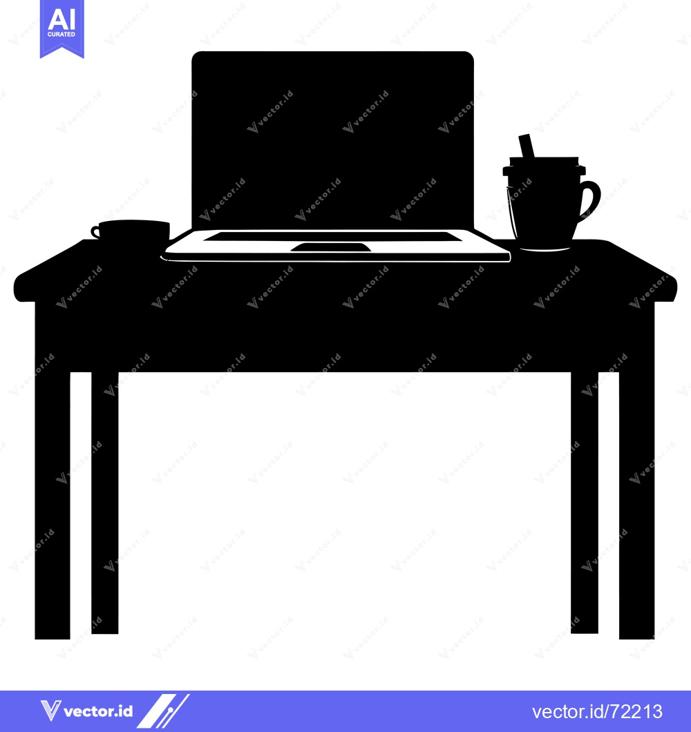 Premium Vector dari A Black Silhouette of a Desk with a Laptop, Two Cups, and a Straw