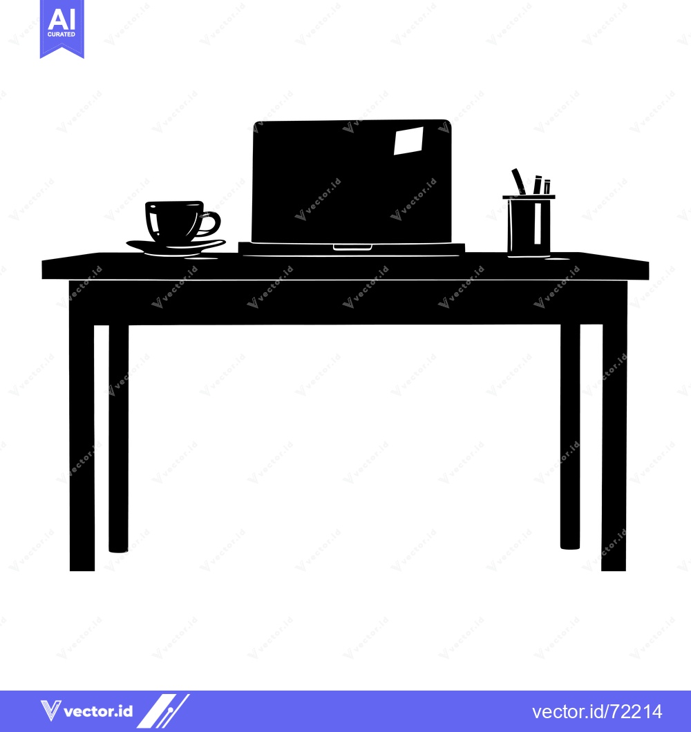 Premium Vector of Black Silhouette of a Desk with a Laptop, Coffee Cup, and Pen Holder