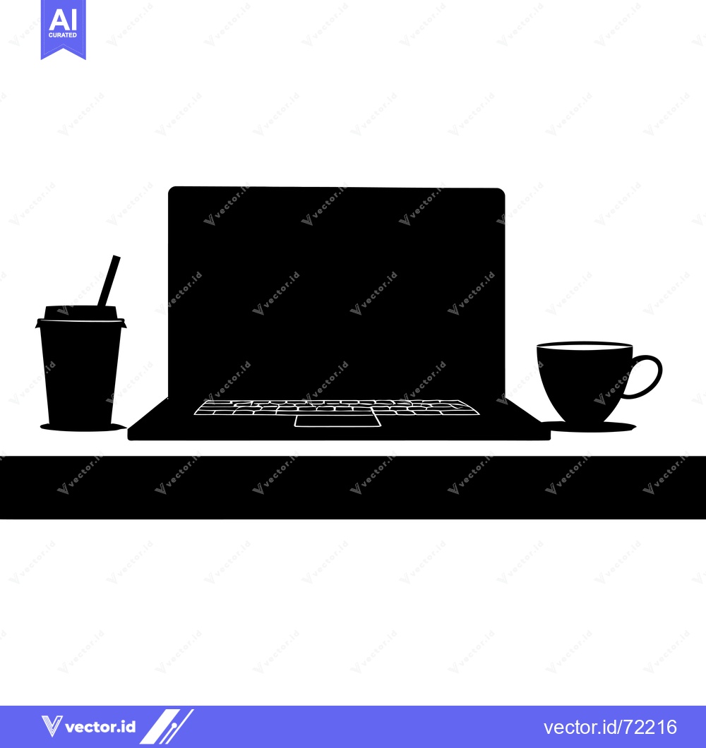 Premium Vector of Silhouette of a Laptop, Coffee Cup, and Drink on a Desk