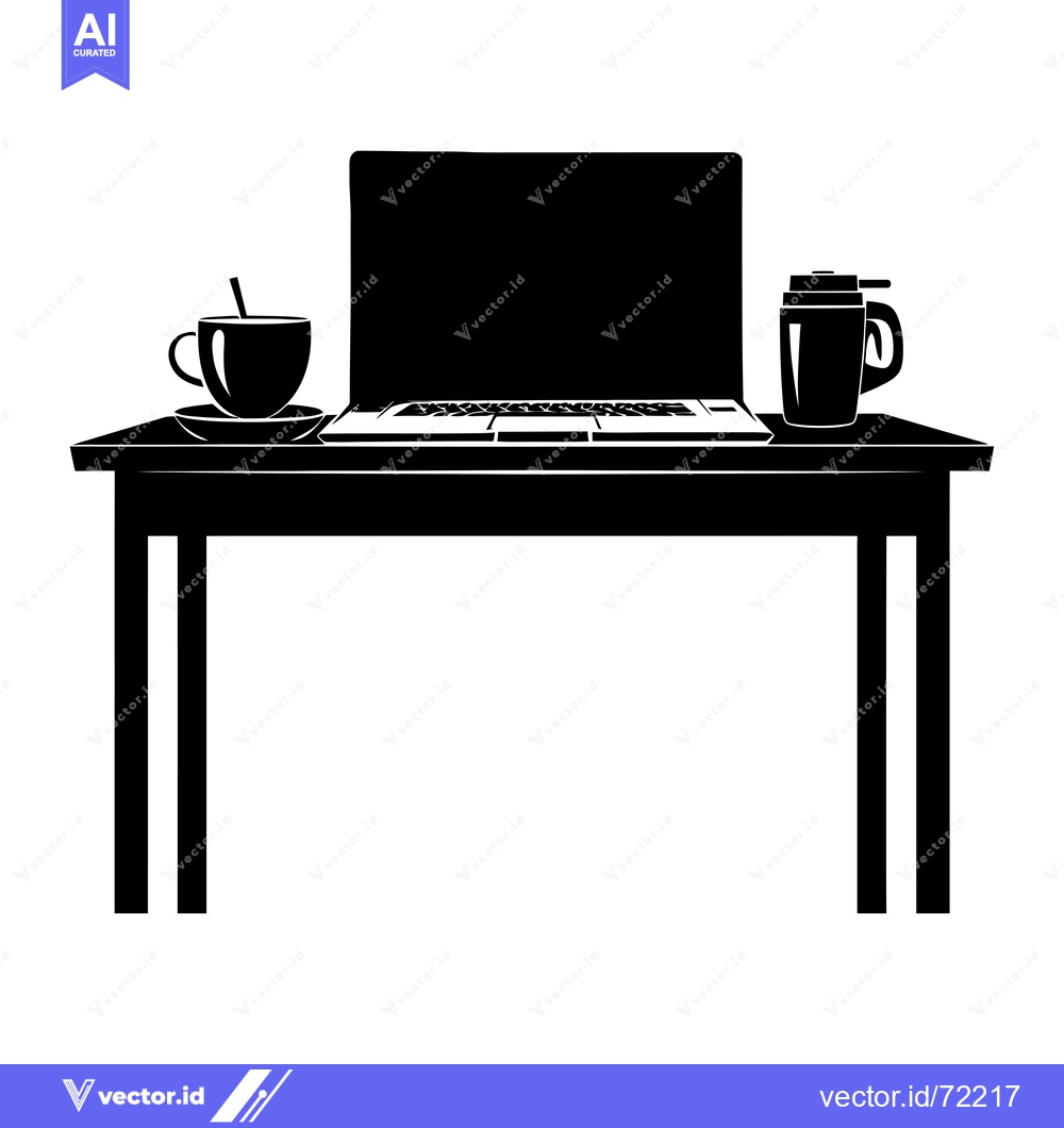 Premium Vector of Black Silhouette of a Laptop, Cup, and Tumbler on a Desk