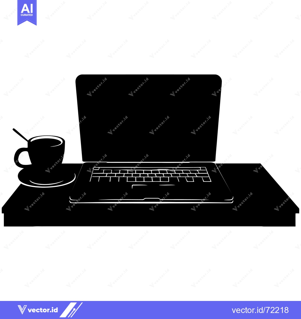 Premium Vector of Black and White Silhouette of a Laptop and a Cup of Coffee on a Table