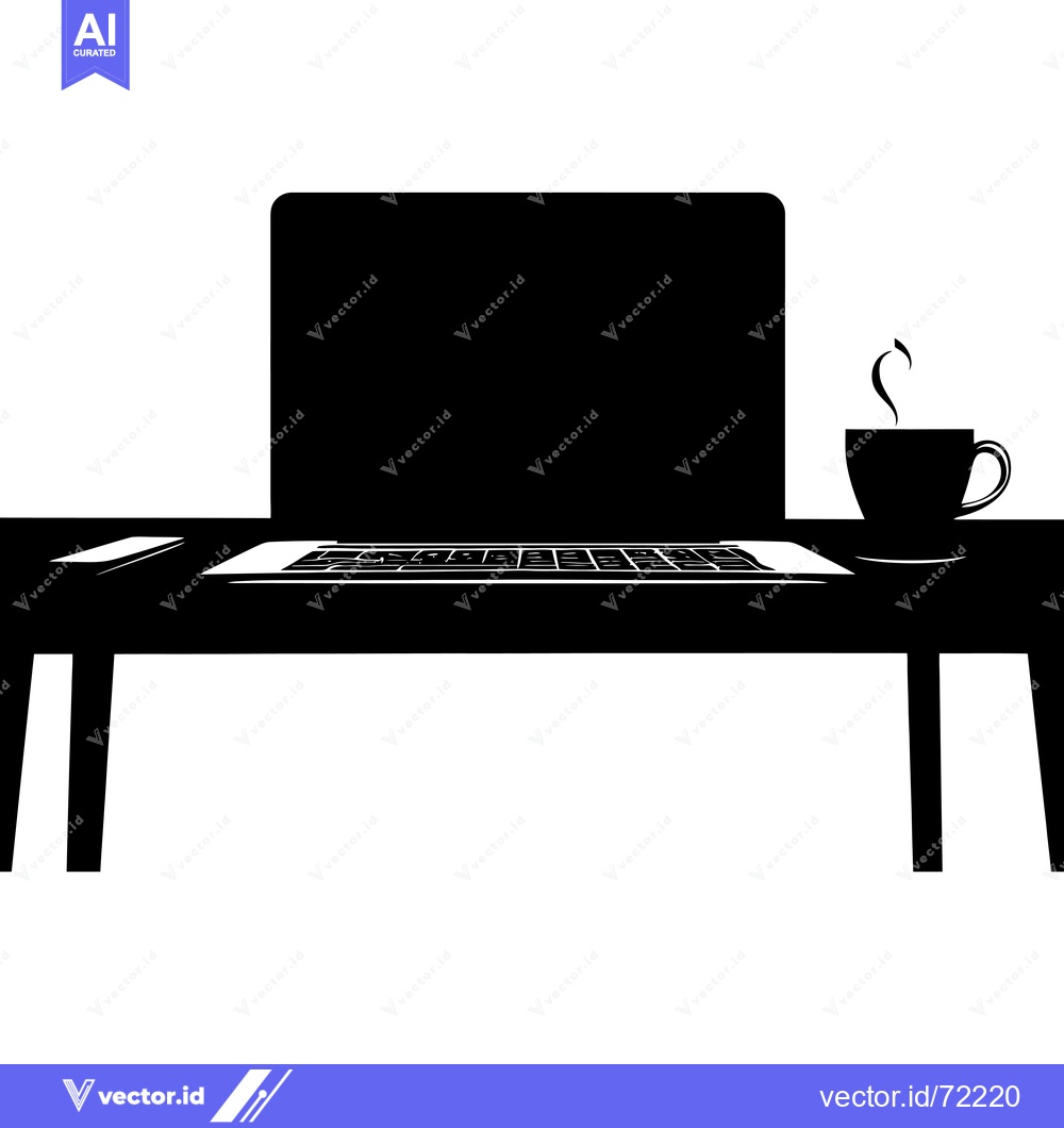 Premium Vector dari Black and White Silhouette of a Laptop, Cup of Coffee, and Phone on a