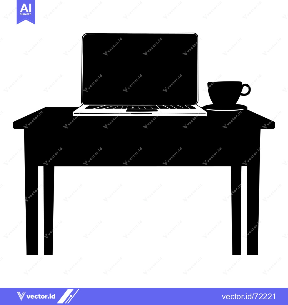 Premium Vector dari Black Silhouette of a Laptop and Coffee Cup on a Desk