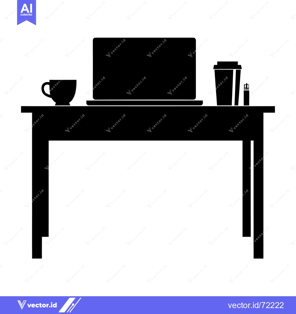 Premium Vector dari Black Silhouette of a Desk with a Laptop, Coffee Cup, and a Water Bott
