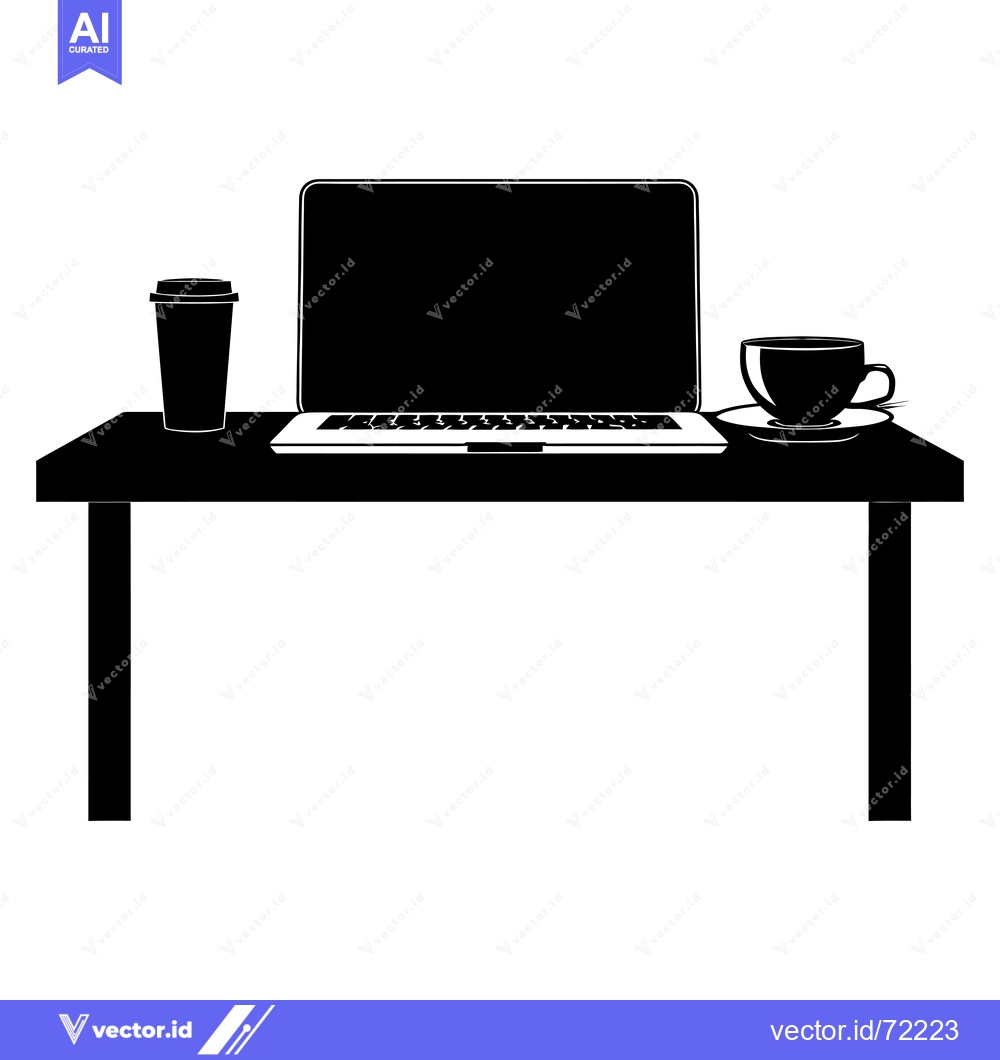 Premium Vector of Black and White Silhouette of a Laptop, Coffee Cup, and To-Go Cup on a